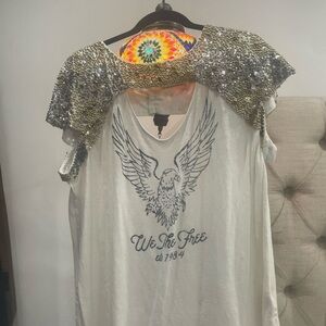 We The Free White Tee with Silver Sequin Shoulders